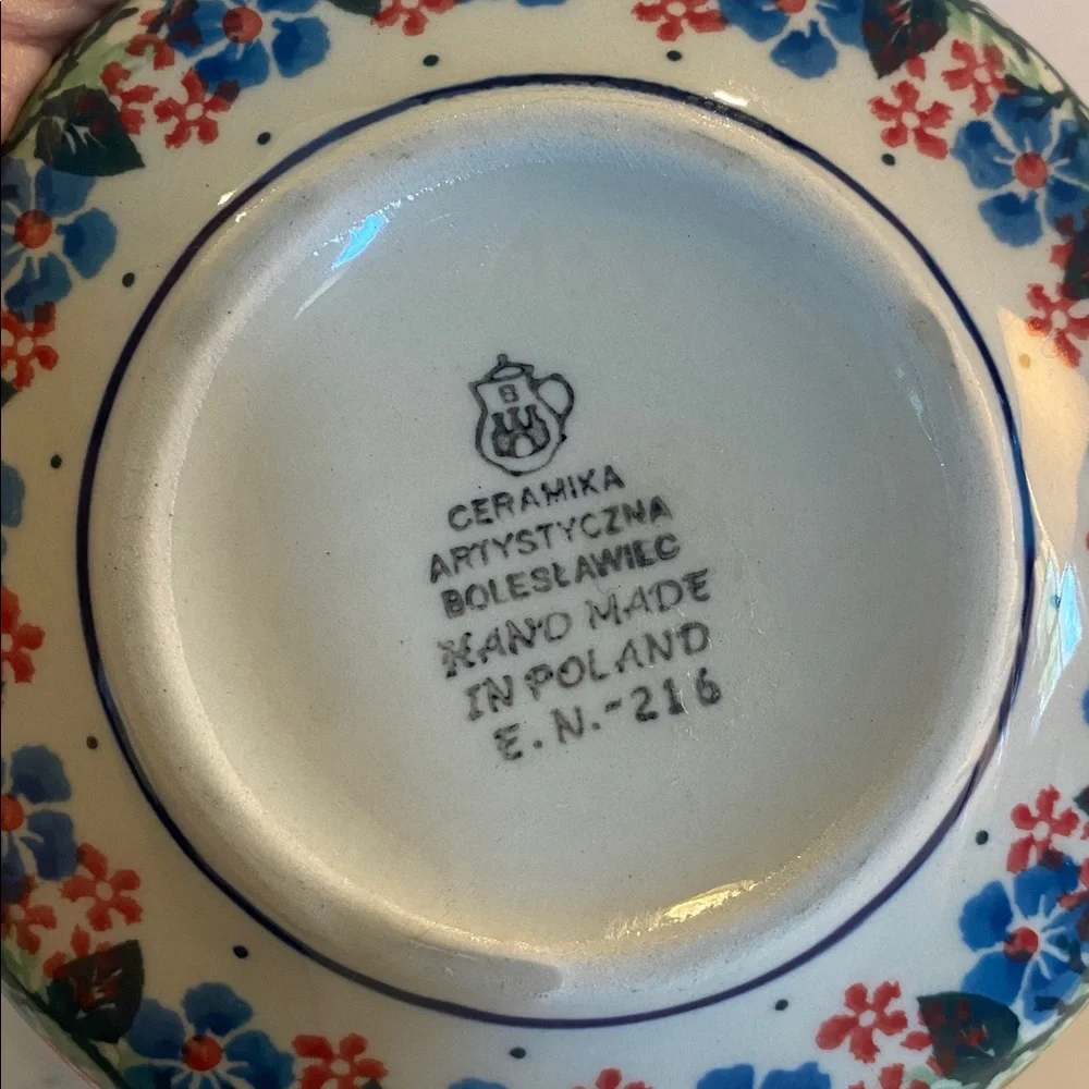 2 Polish Pottery Handmade Small Floral Scalloped Edge Bowls 5.5” Blue